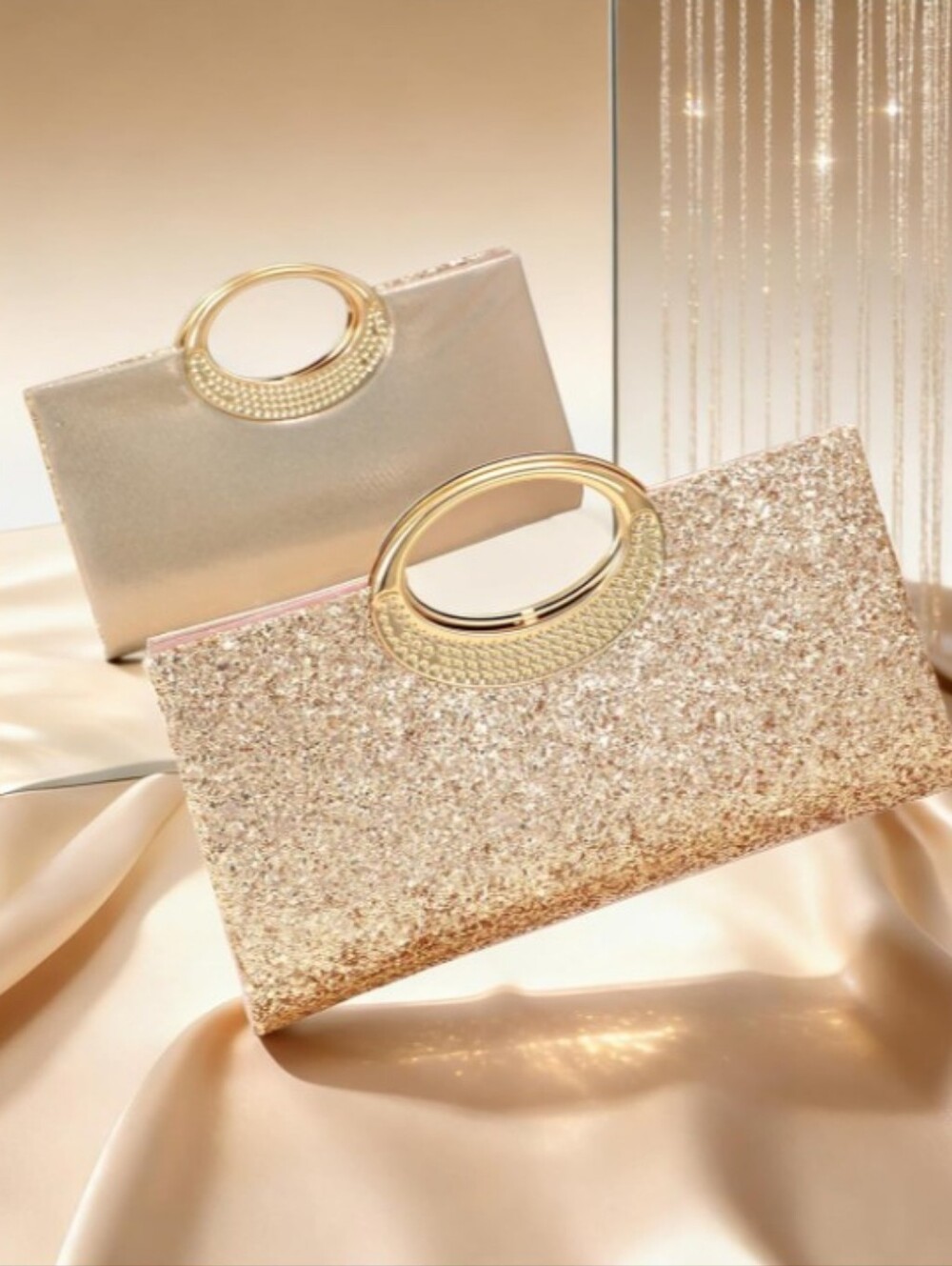 NWT Champagne Glitter Sequin Clutch Purse Formal Evening Handbag Elegant Wedding